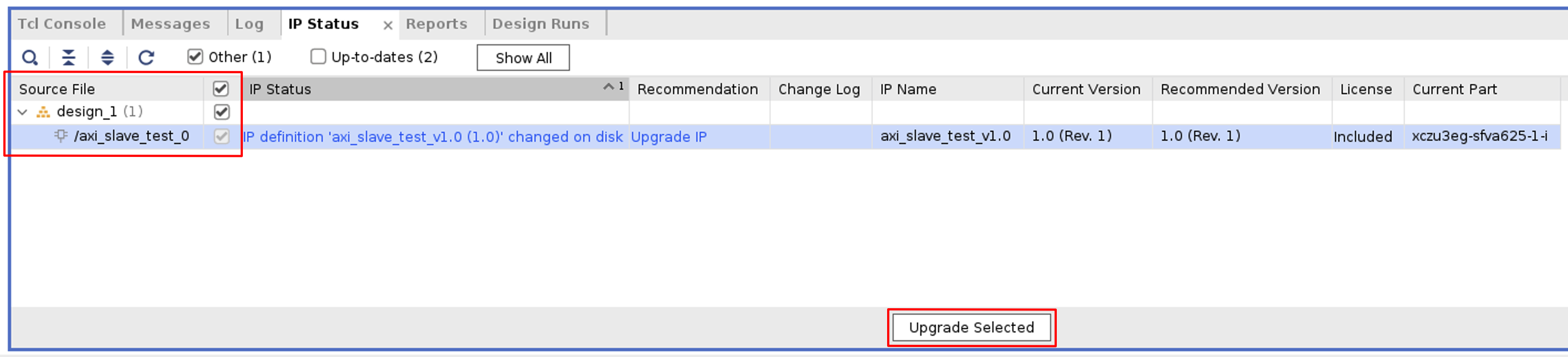 Vivado Block Design Upgrade Selected